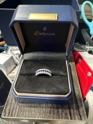 Three Row Blue Sapphire & Moissanite Band Ring for Women, Half Eternity Ring in 925 Sterling Silver Rhodium Plated, Lab-Grown Blue Sapphire,