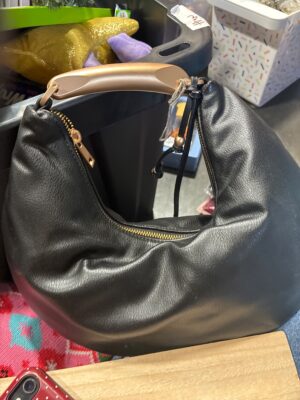 Women's Black Faux Leather Crescent Shoulder Bag with Gold Handle — Big Savings Outlet Mesa AZ